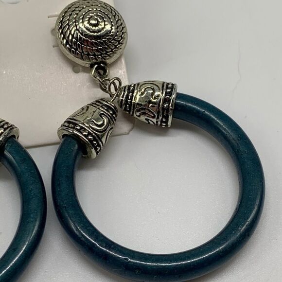Silver Tone Hoop Earrings Boho Vintage Swirl Teal - Picture 5 of 7